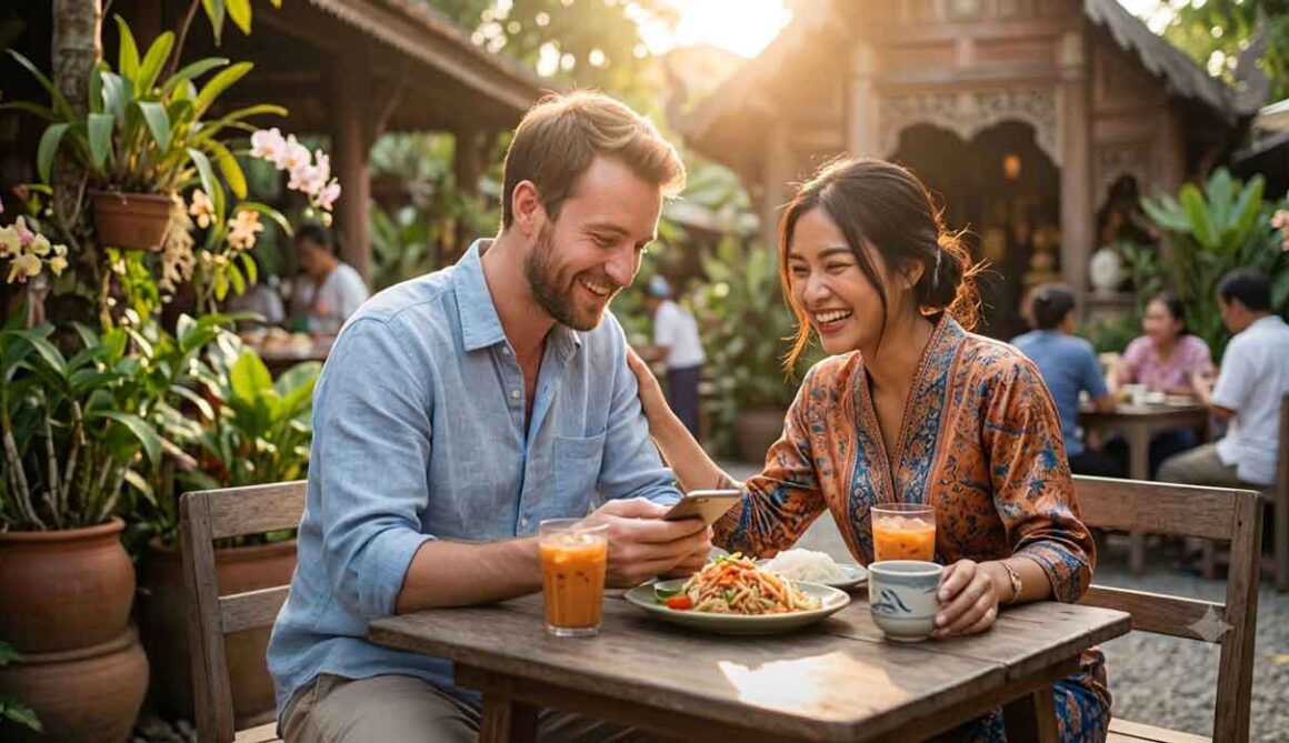 Couple enjoying a romantic walk in Thailand